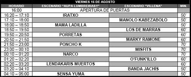 Horarios del Aupa Lumbreiras 2013