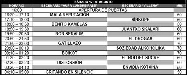 Horarios del Aupa Lumbreiras 2013